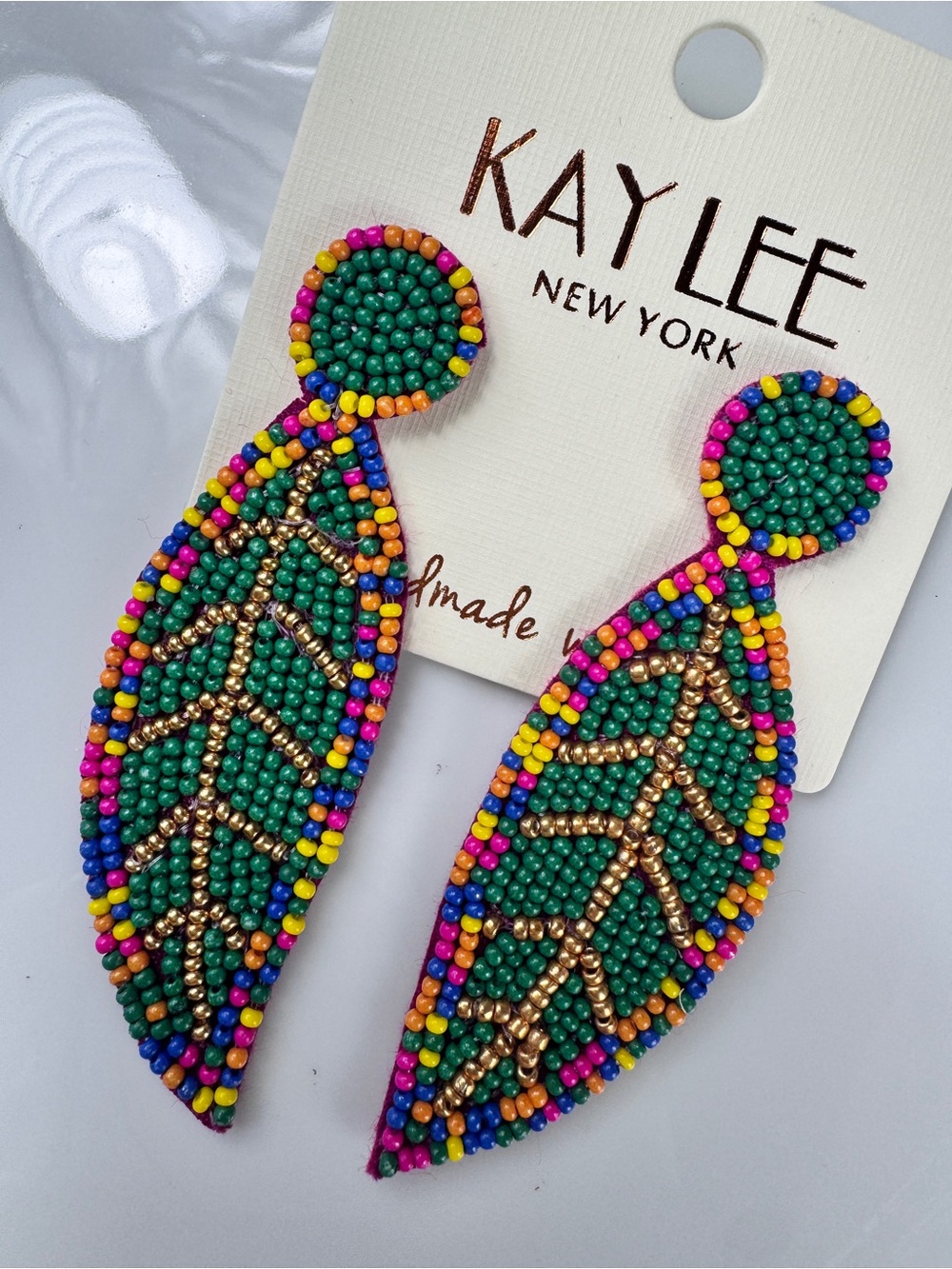 Green Multicolor Beaded Leaf Drop Earrings - Picture 4 of 6